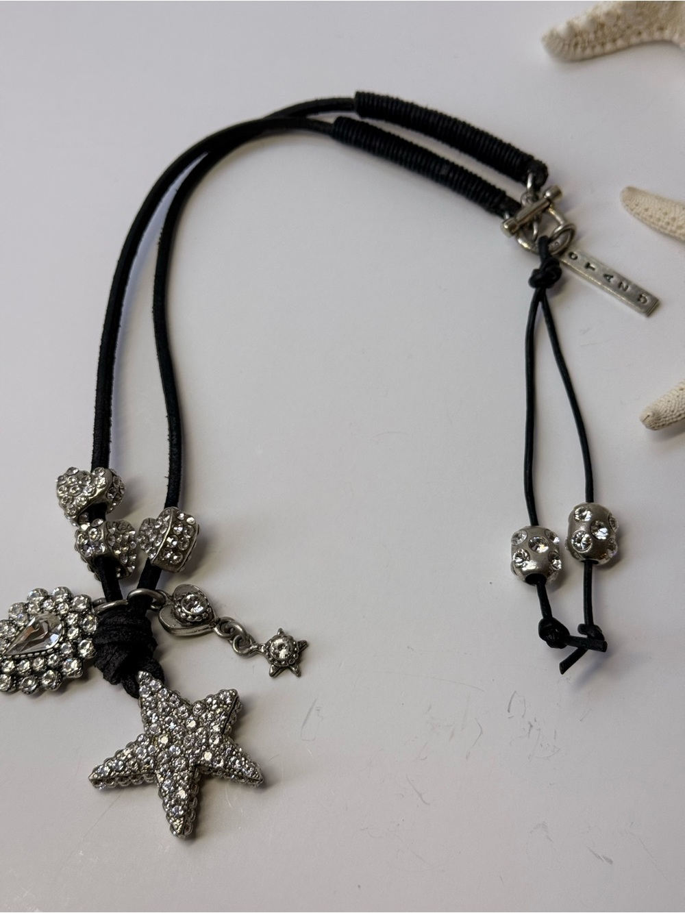 Otazu Necklace with Crystal Starfish Heart Pendant 18 Inch leather Cord
